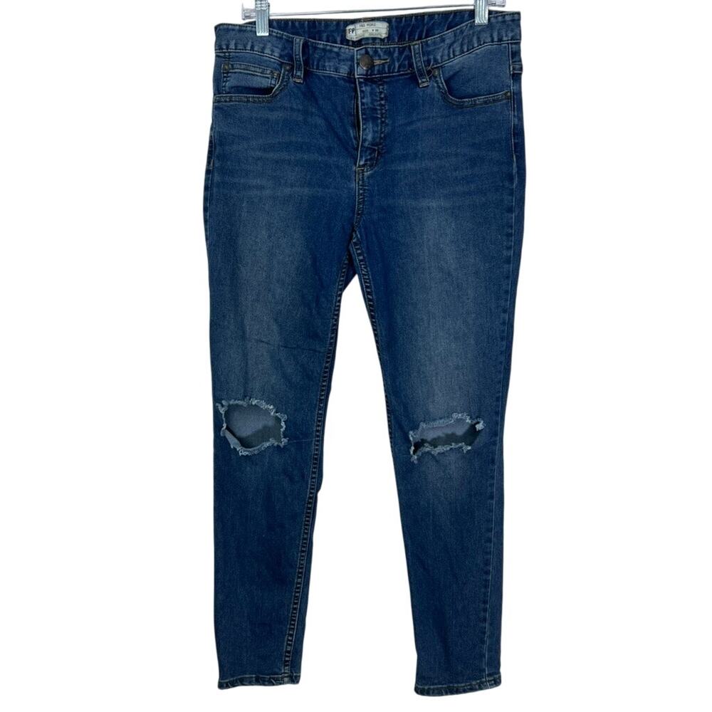 Free‎ People Medium Blue Wash Distressed Skinny Mid Rise Denim Jeans Size 30W